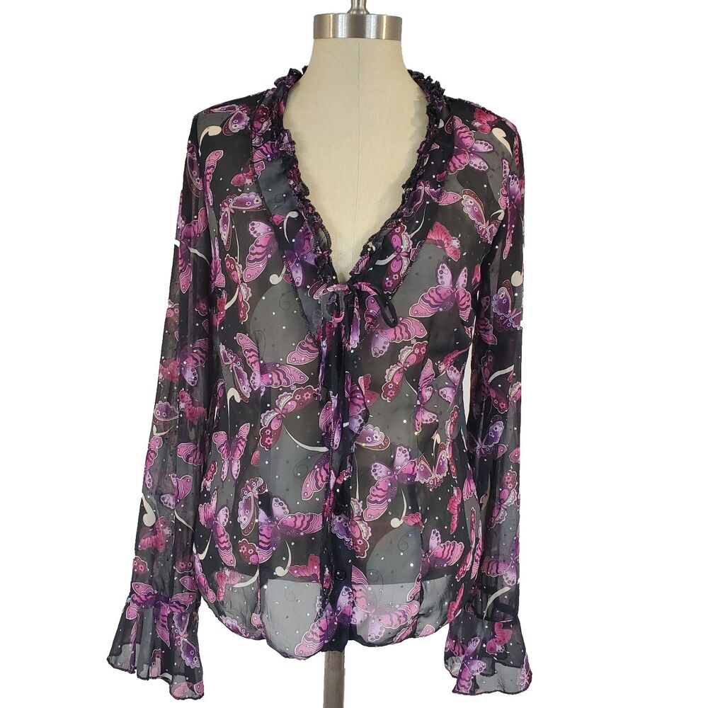 VTG Y2K Embelished Butterfly Sheer Button Top Ruffle Whimsigoth Fairy Grunge
